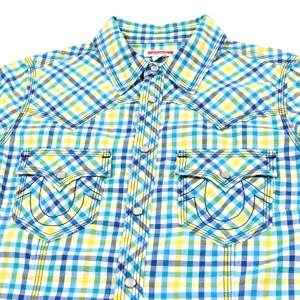 True Religion Womens Western Plaid Pearl Snap Shirt Contrast Stitch Medium NWT